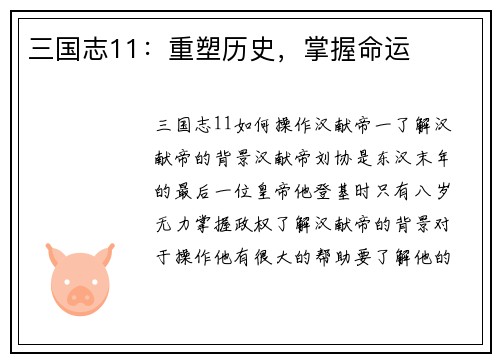三国志11：重塑历史，掌握命运