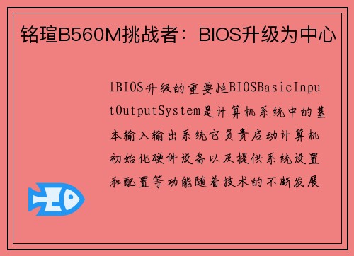 铭瑄B560M挑战者：BIOS升级为中心